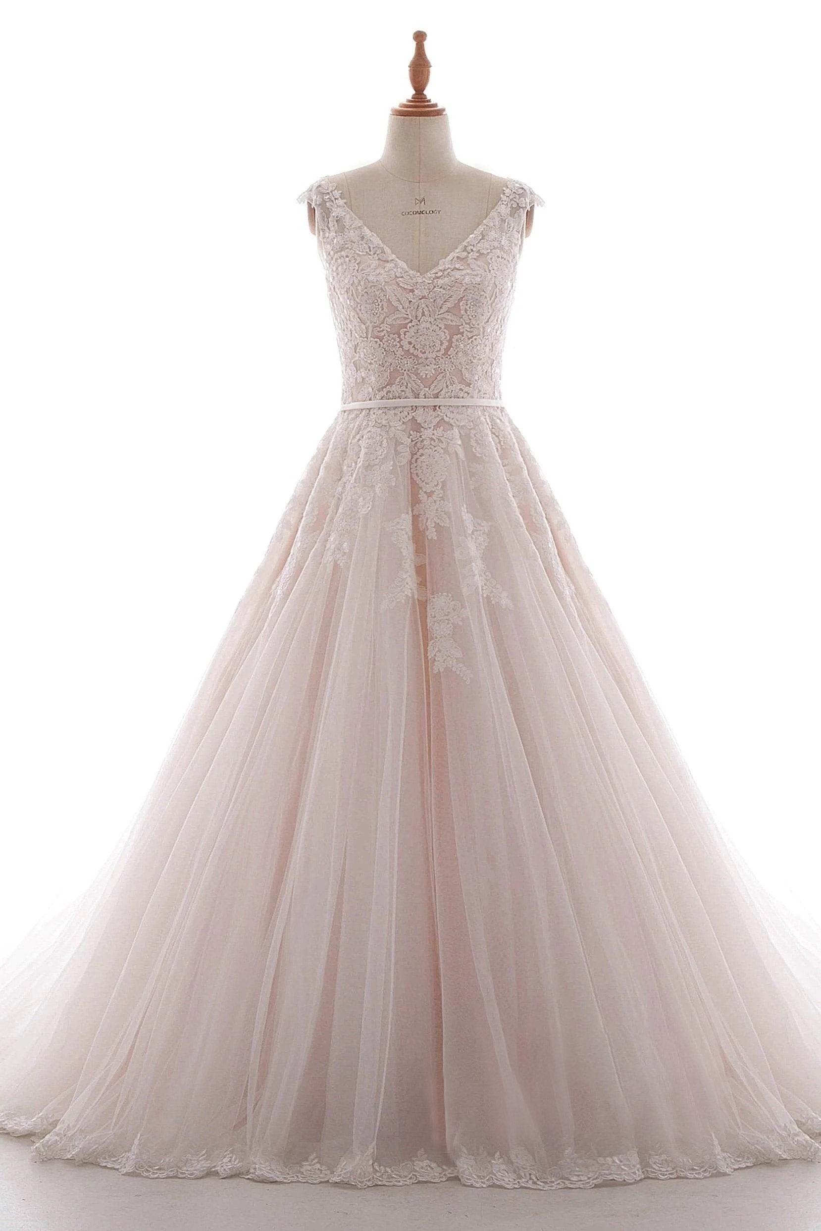 A-Line Court Train Lace and Tulle Wedding Dress LD4395 - COCOMELODY